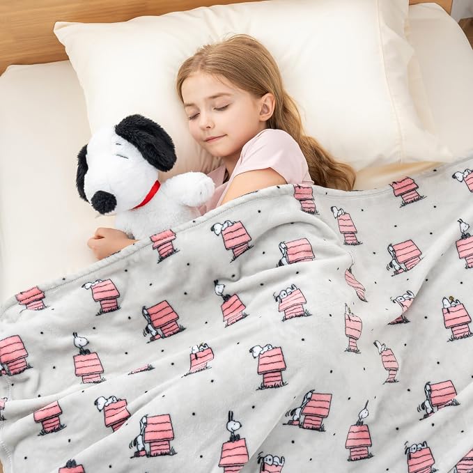 Berkshire Blanket Peanuts® VelvetLoft® Cute Character Snoopy Plush Oversized Throw Blanket, Peanuts Regular Snoopy Dog House Poses & Polka Dots Grey (50in x 60in)