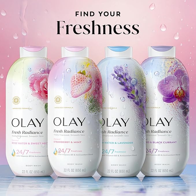 Olay Body Wash for Women, Fresh Radiance, 24/7 Skin-Loving Freshness, Visibly Radiant, Plant Based Cleansers, Vitamin B3 & Antioxidant Blend, For All Skin Types, Strawberry & Mint Scent, 22 fl oz