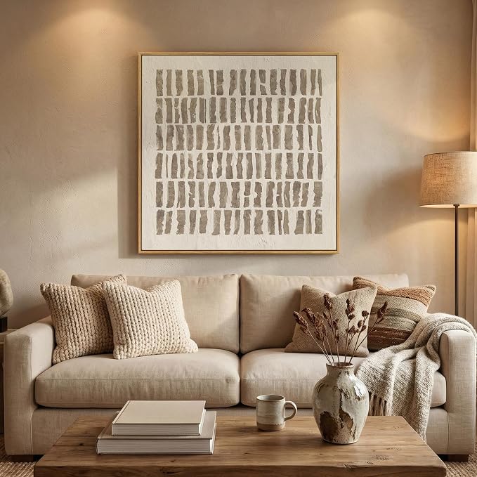 Framed Neutral Abstract Wall Art, Modern Beige Canvas Prints Artwork for Walls, Minimalist Geometric Line Square Pictures for Living Room Bedroom Dining Room Hallway Office Wall Decor, 30x30 In