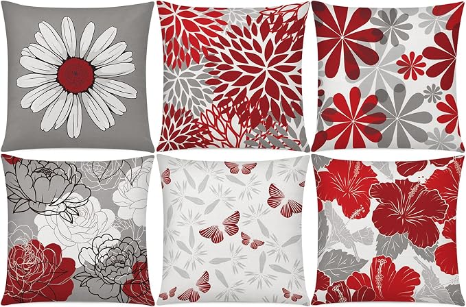 Red Grey Throw Pillow Covers 20x20 Set of 6, Dasiy Floral Home Decor | red floral, decorative cushion cover, Breathable Linen, Large Throw Pillow Size, Spring Christmas Couch Sofa Living Room