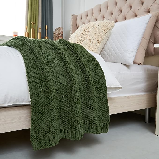 Chunky Cable Knit Throw Blanket Lightweight Olive Green 100% Organic Cotton Blanket for Sofa Couch Bed Baby Nursery, Rustic Shabby Chic Modern Farmhouse, 60” x 80” Give Laundering Bag