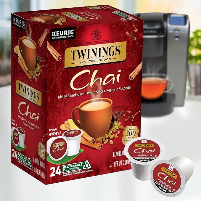Twinings Chai Black Tea K-Cup Pods for Keurig, 24 Count (Pack of 2), Naturally Sweet and Savoury Spice Flavors, Caffeinated, Enjoy Hot or Iced