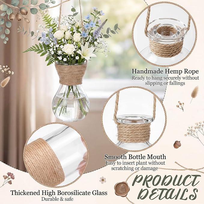 8 Pcs Hanging Glass Vases Clear Hanging Propagation Vases with Jute Rope Glass Terrariums Planters, Handcrafted Assorted Shapes, Suitable for Dried Flowers, Vintage Rustic Home Graden Decor