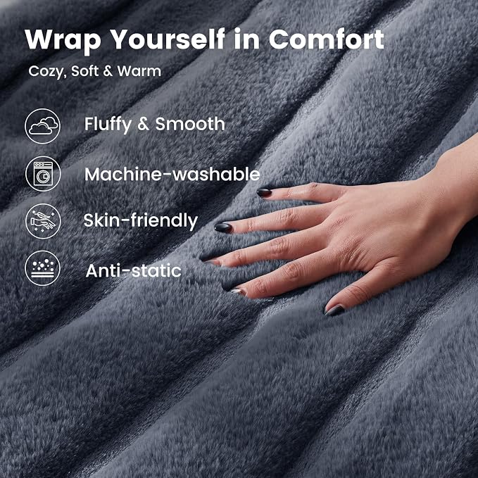 Cozy Bliss Deluxe Sheared Rabbit Faux Fur Throw Blanket, Soft Fuzzy High-Low Sculpted Plush Blanket for Couch, Cozy Home Accent, All Season Use, Blue 50"x60"