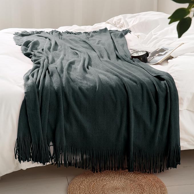 Homiest Charcoal Grey Knitted Throw Blanket with Fringe, 50x60 Inch | Pure Acrylic, Lightweight & Breathable, All-Season Use, Machine Washable, Wrinkle & Fade Resistant, for Couch Sofa And Bed