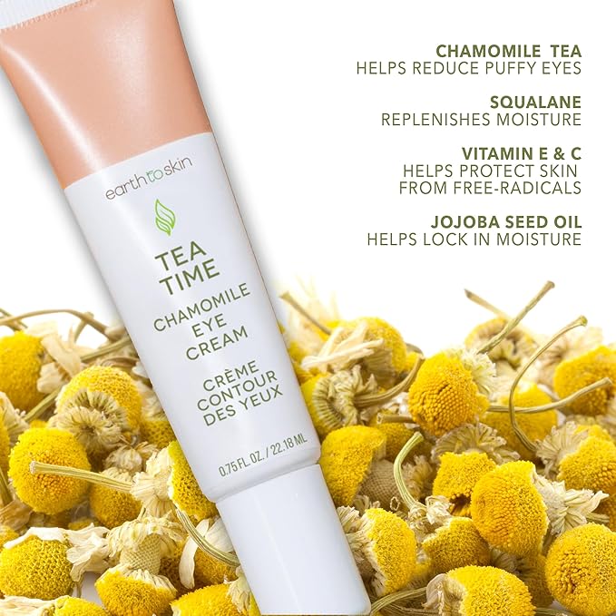 Earth To Skin Tea Time Chamomile Under Eye Cream for Puffiness - Hydrating Eye Bags Treatment with Vitamin C and Vitamin E, Jojoba Oil and Squalane to Smooth and Refresh Delicate Eye Area - 0.75 fl oz