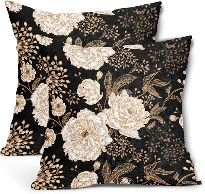 Vintage Peony Roses Floral Plant Pillow Covers 16X16 Inch Set of 2 Chinoiserie White Flower Leaves Decorative Pillow Cases Black Gold Cushion Case Vintage Home Decor for Sofa Couch Outdoor