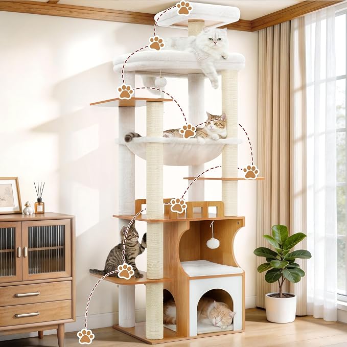 Modern Cat Tree Tower, 2-Layer Condo & Perch, Big Hammock 102WB | 70.9''Wooden Cat Tower House Large Platform with Safe Guardrail for Indoor Cats Adult, All Sisal Scratching Post, Walnut
