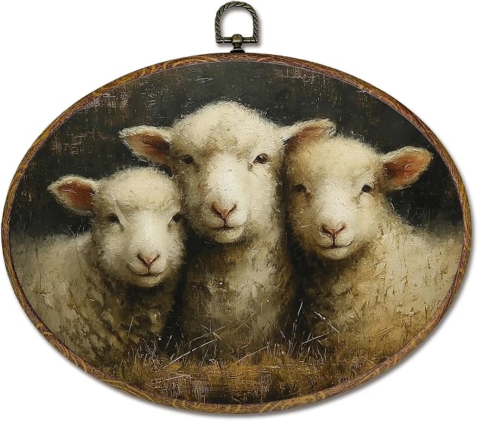 LKETW Vintage Sheep Oval Wall Art Decor, Neutral Cottagecore Lamb Oval Canvas Hanging Decor, Rustic Farmhouse Animal Wall Decorations For Home Living Room Farmhouse Gallery, 11.4x8.6 Inch