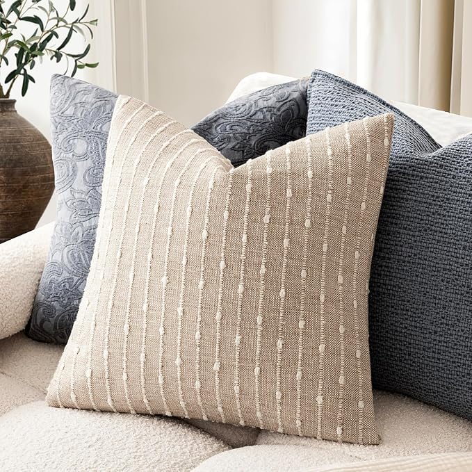 Foindtower Pack of 2 Decorative Jacquard Boucle Throw Pillow Covers Accent Textured Striped Pillowcases Cozy Modern Cushion for Couch Sofa Bedroom Living Room Home Decor 18x18 Inch Natural Beige