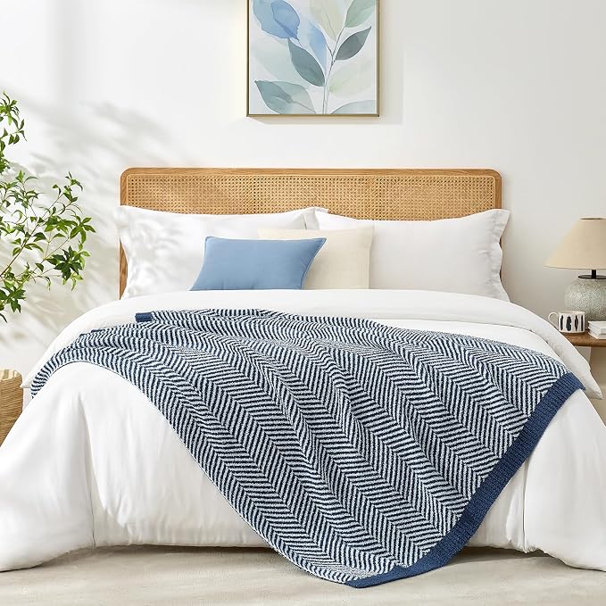 Snuggle Sac Herringbone Throw Blanket for Couch, Reversible Super Soft Warm Chervon Blankets, Cozy Knit Fuzzy Plush Lightweight Stripe Throws for Sofa, Bed, Camping, Navy, 50x60 inches
