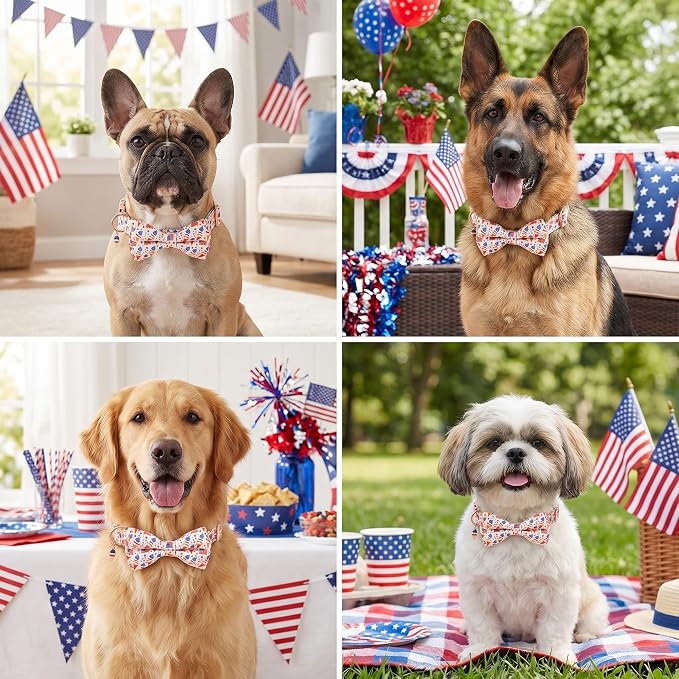 ADOGGYGO Patriotic Dog Collar with Bow Tie, Detachable Ice Cream Print Bowtie, Adjustable 4th of July Collar for Large Dogs (L)