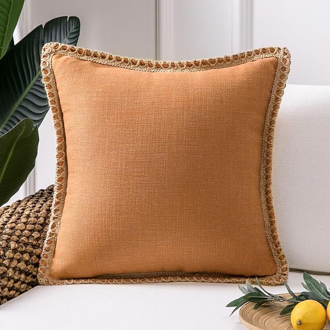 Phantoscope Farmhouse Fall Solid Throw Decorative Pillow Cover Burlap Linen Trimmed Tailored Edges Outdoor Pillow Orange 1 Pack 18 x 18 inches, 45 x 45 cm
