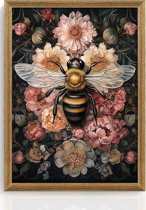ICHZUMW Framed William Morris Bee Floral Vintage Canvas Wall Art 12x16 In | Dark Cottagecore Prints, Antique Aesthetic Bumblebee Wall Decor for Bedroom Living Room Bathroom Office, Ready to Hang