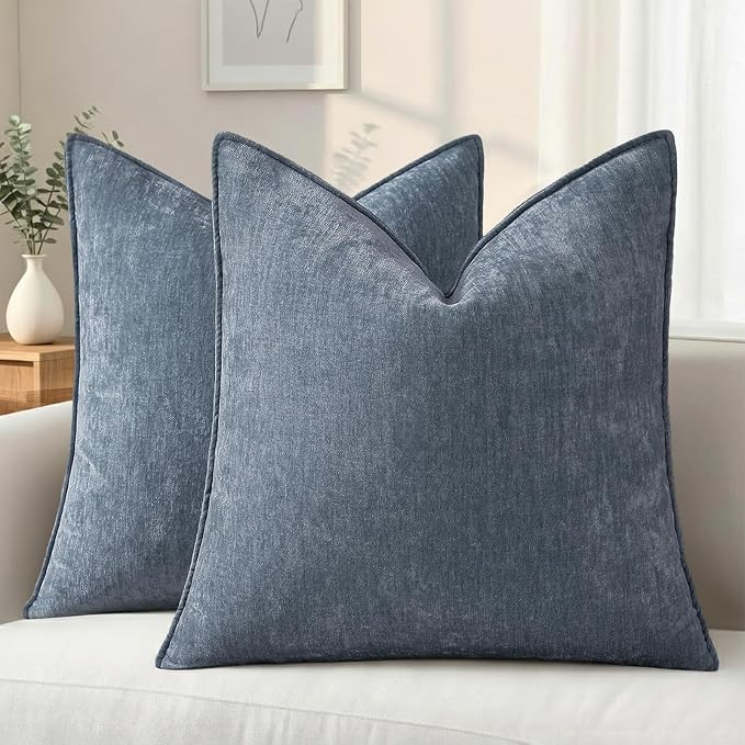 decorUhome Chenille Haze Blue Velvet Throw Pillow Covers 22x22 Set of 2 | Fall Soft Euro Sham Couch Decorative Modern Farmhouse Pillow Cases with Elegant Design for Sofa Bed Living Room Home Decor