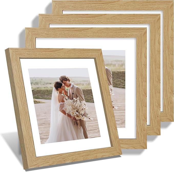 Hongkee 10x10 Picture Frame Set of 4, Made of Glass and Natural Oak Wooden Frame - Display Picture 8x8 with Mat or 10 x 10 Without Mat, 10 by 10 Photo for Wall or Tabletop