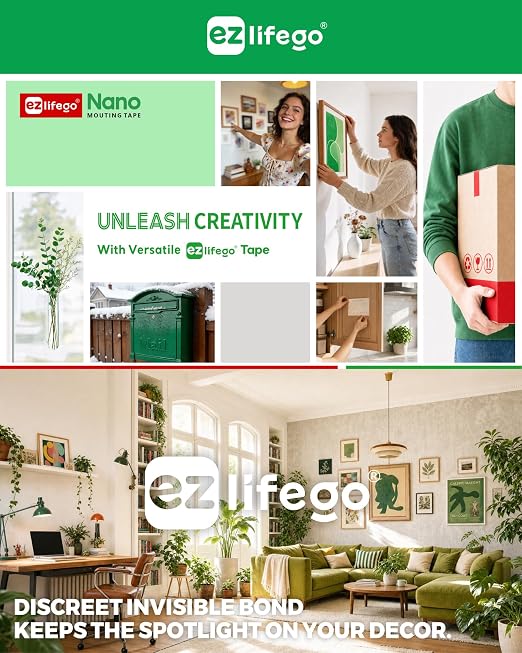 EZlifego Heavy Duty Invisible Bond Nano Double Sided Mounting Tape, 9.85FT | Nano-Tech, Holds up to 72 lbs, All-Purpose, Instant Hold, Industrial-Strength Adhesive, Indoor & Outdoor Decor,Back to School