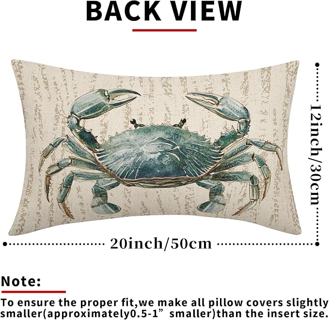 Summer Sea Crab Nautical Pillow Covers 12x20 Inch Set of 2 Coastal Ocean Coral Beach Blue Throw Pillow Cases Outdoor Linen Square Cushion Cover Farmhouse Decor for Bedroom Home Sofa Couch Bed