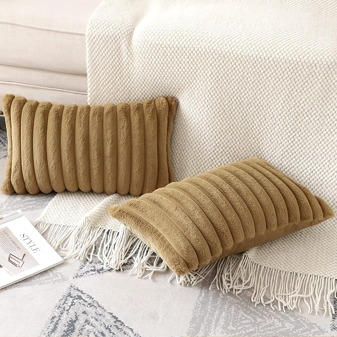 Soleebee Set of 2 Throw Pillow Covers Soft Cozy Velvet Pillowcase Faux Rabbit Fur Cover for Couch Sofa Bed Chair Home Decorative Pillows Cover (12x20 Inch, Light Brown)