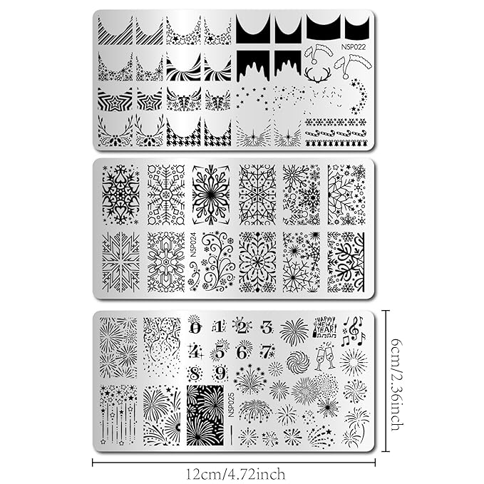 Arbuya Christmas Nail Art Stamping Plates Set of 3 - Winter Snowflakes Fireworks French Tips Stainless Steel Manicure Art Tools for DIY Print Manicure Salon Design Gift Supplies