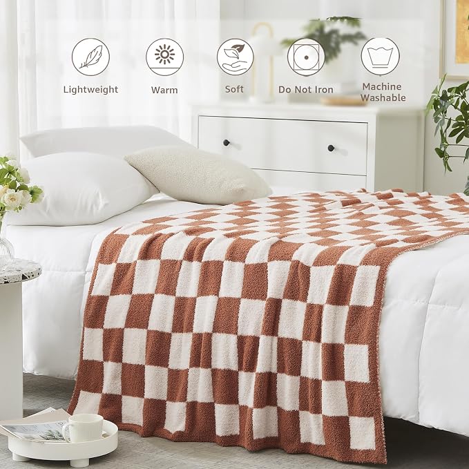 Soft Checkered Throw Blanket for Couch-Cozy Warm Knitted Blankets | Lightweight Warm Fluffy Decor for Women, Mom, Her & Girls, Sofa, Chair, Bed, 50x60in,Autumn Leaf Orange