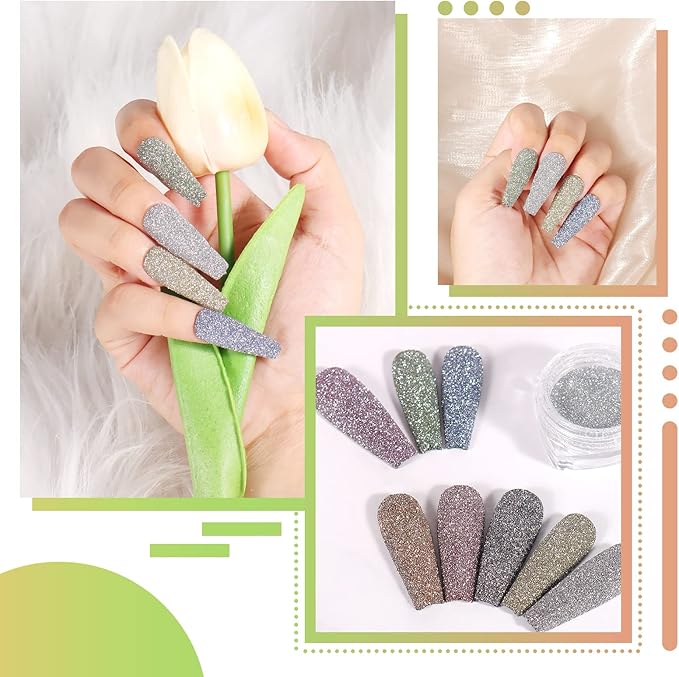 Laza 8 Colors Korea Diamond Nail Powder Sparkling Crystal Glitter Holographic Nail Dust Laser Silver Bright Shining Flakes for Acrylic Nails Polish Nail Art DIY Decoration - Shine Rainbow