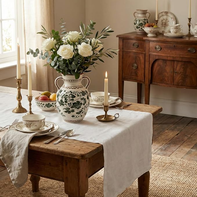 EFISPSS Ceramic Vintage Vase Decorative Spring Decor Chinese Crackle Floral Handle for Dining Room Living Room Green