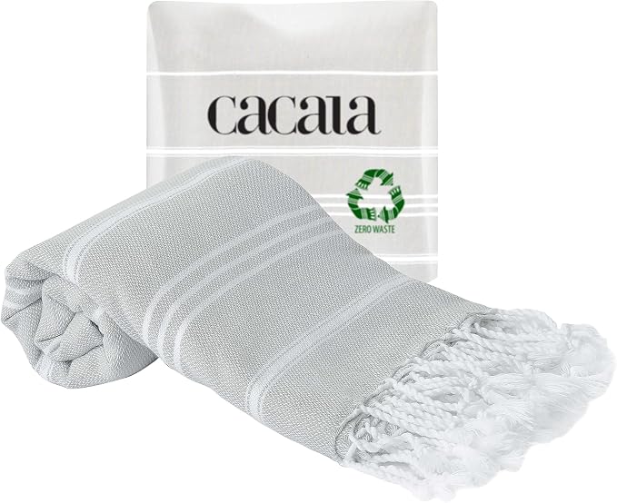 Cacala 100% Turkish Cotton Kitchen Tea Towels, Highly Absorbent Luxury Soft Quick Drying Dish Towel with Hanging Loop for Gym, Yoga, Bath, Sports, Cleaning and Kitchen (23 x 36), Silvergrey