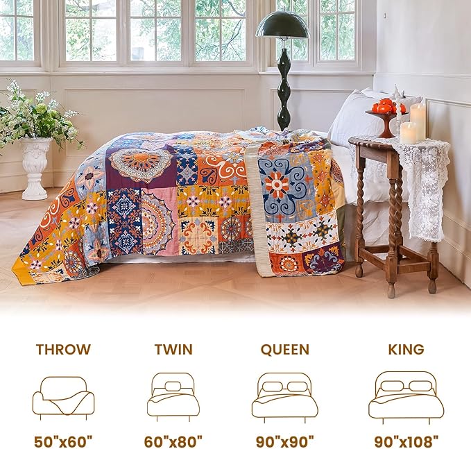 MSGKV Boho Throw Blanket 90"x90" Summer Cotton Queen Roman Blanket for Bed | Muslin Throw, Queen Size Blanket, Reversible Woven, Lightweight Comfort, Farmhouse Decor, All Seasons, Machine Washable
