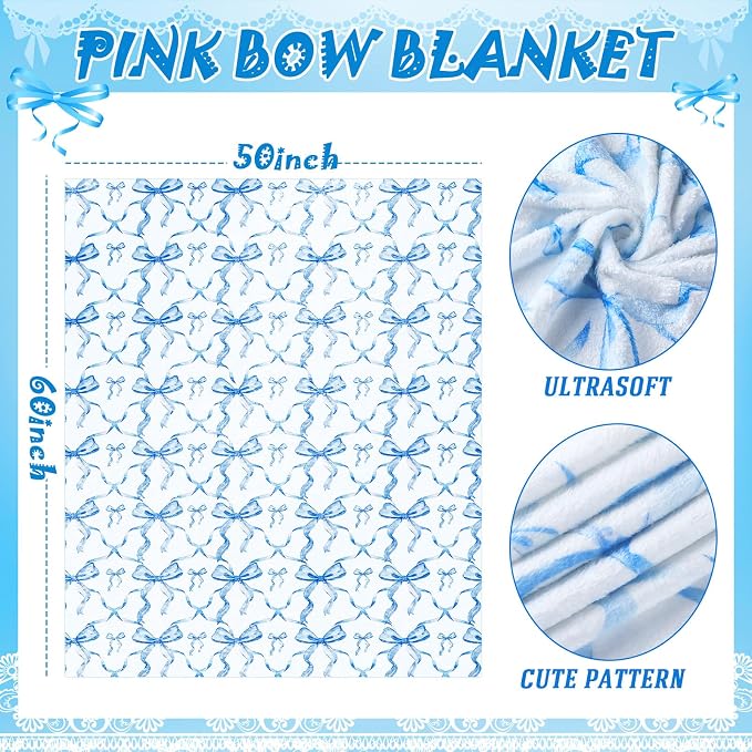 Blue Bow Throw Blanket 50"x60" Soft Flannel for Girls Women | Coquette Aesthetic Decor with Ruffled Edges, Ultra Plush Bed Sofa Blanket, Preppy Gift for Teens, Back to School Dorm Room