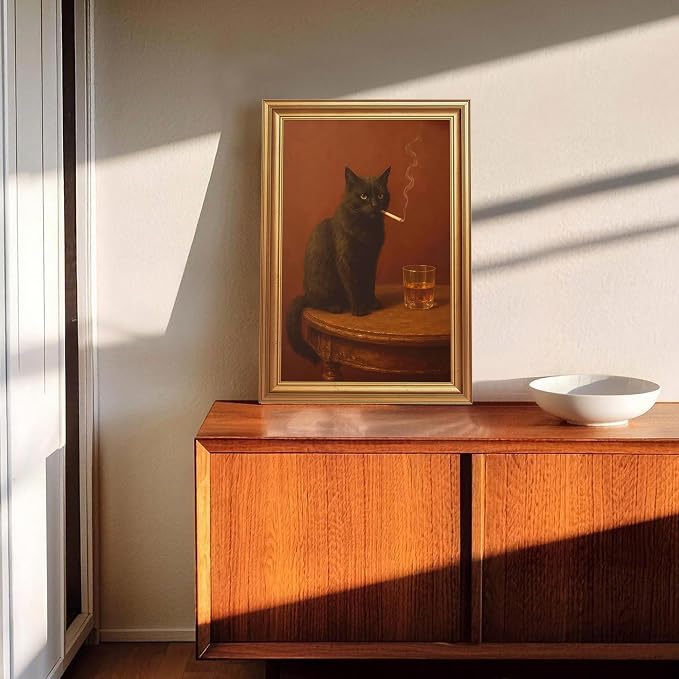 ICHZUMW Gold Framed Funny Black Cat Whiskey Vintage Canvas Wall Art 16x24In | Funny Cat Smoking Cigarette Picture, Quirky Animal Bar Wall decor, Bathroom Man Cave Bedroom, Fade Resistant, Ready to Hang