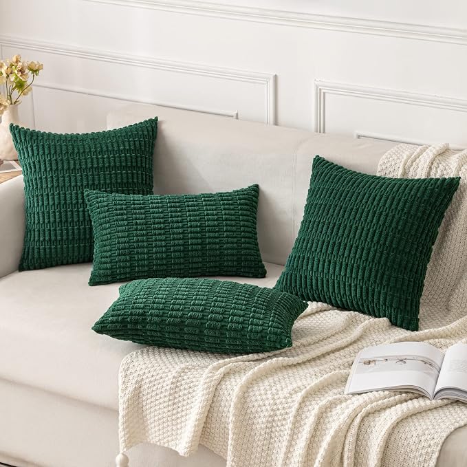 MIULEE Corduroy Decorative Throw Pillow Covers 18x18 Dark Green Pack of 2 | Soft Boho Striped Pillow Covers Modern Farmhouse Home Decor For Sofa Living Room Couch Bed