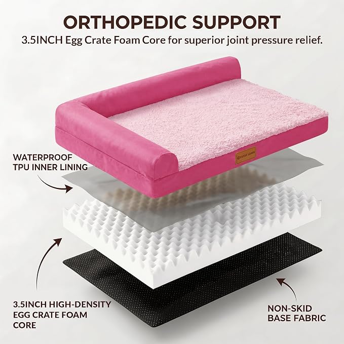 Patas Lague Orthopedic Large Dog Bed Washable Pet Sofa Bed 56''X40''Pink | 2-Sided Bolster Egg-Crate Foam Dog Couch Large Sized Dogs, Waterproof Removable Washable Cover, Nonskid Bottom Pet Crate Mat