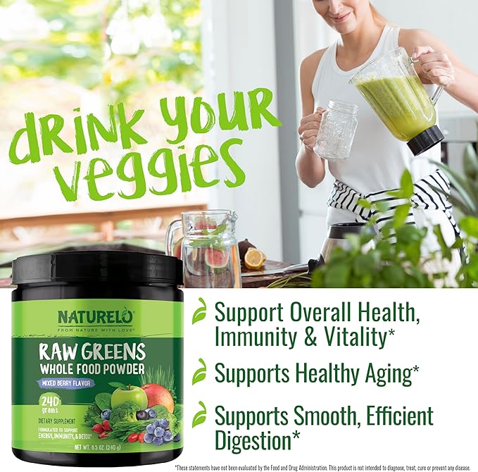 NATURELO Raw Greens Superfood Powder 240 Grams, Mixed Berry - Supports Energy, Immunity and Detox - Includes Spirulina, Wheat Grass and Organic Greens for Whole Food Nutrition