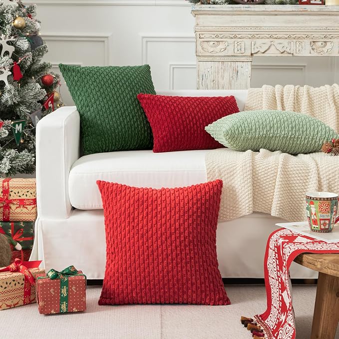 Kevin Textile Soft Corduroy 12"x20" Lumbar Pillow Cover 1 Pack, Red | Boho Stripe Plush Corduroy Decorative Oblong Cushion Cover Modern Farmhouse Home Decor for Sofa Couch Bed Chair