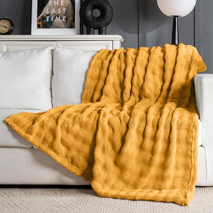 Yellow Throw Blanket for Couch, Soft Fluffy Bubble for Bed Sofa, Thick Warm Plush Fuzzy Rabbit Fur Blanket for Neutral Home Decor, 50"X 60"