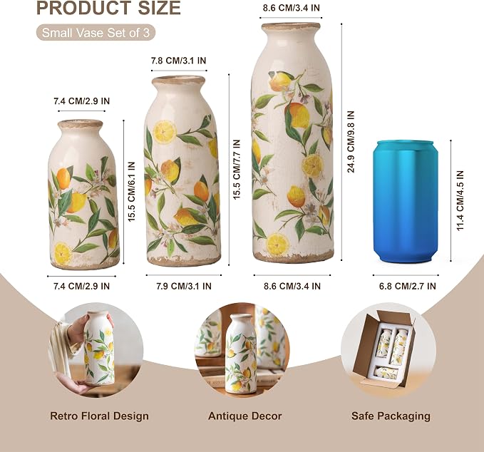 Teweiqi Vintage Vase Set of 3, Ceramic Flower Vases Decor, Rustic Farmhouse Vases Retro Decorative Vases, for Home Living Room Kitchen Table Mantle Shelf Decor - Lemon