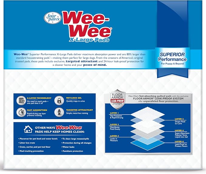 Four Paws Wee-Wee Superior Performance X-Large Dog Pee Pads, 200 Count | Puppy & dog potty training pads, housebreaking supplies, xl puppy pads, pet supplies, 24-hour floor protection, 28" x 34"