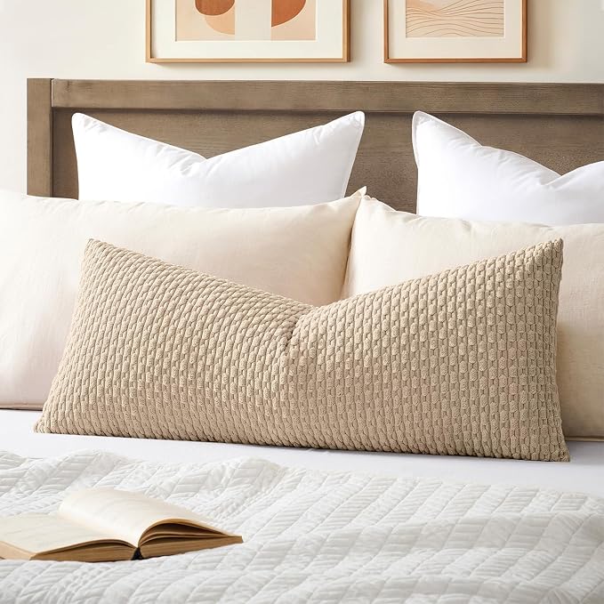 Kevin Textile Soft Corduroy 14"x36" Lumbar Pillow Cover 1 Pack, Beige | Boho Stripe Plush Corduroy Decorative Oblong Cushion Cover Modern Farmhouse Home Decor for Sofa Couch Bed Chair