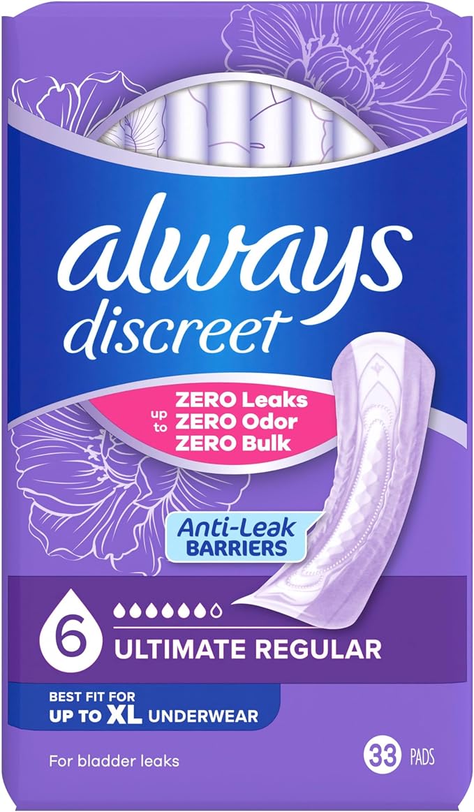 Always Discreet Adult Incontinence Pads for Women, Drier, 6 Drop Regular Length, Extra Heavy Absorbency, Pads for Bladder Control Management, Bladder Leaks, & Postpartum Pads, 66ct