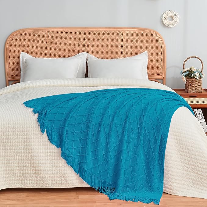 inhand Teal Knitted Throw Blanket for Couch and Bed, 60"x80" | Soft Living Room Home Decor Knitted Twin Size Blanket, Outdoor Lightweight Breathable Summer, Farmhouse Warm Woven Decorative