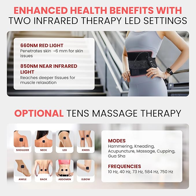 JWAY Red Light Therapy Belt | 660nm Red Light Therapy & 850nm Near Infrared Light Therapy for Body | Relax & Massage Muscles | Pain Relief and Inflammation | Improve Circulation