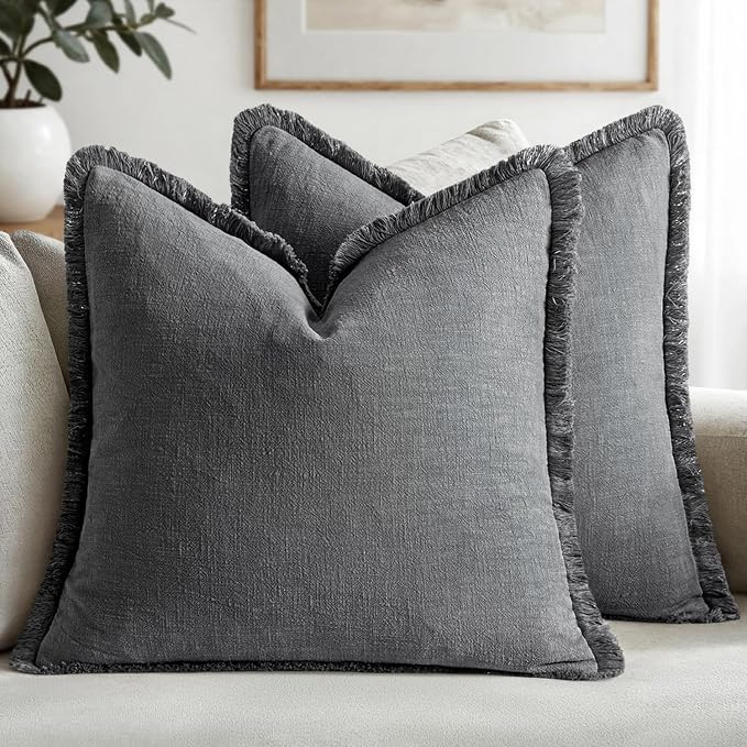 MIULEE Boho Linen Fringe Decorative Throw Pillow Covers Grey 18x18 | Set of 2, Cottagecore Decor, Boho Farmhouse Neutral Pillow Covers, Rustic Couch Cushion Cases for Sofa Bed Living Room