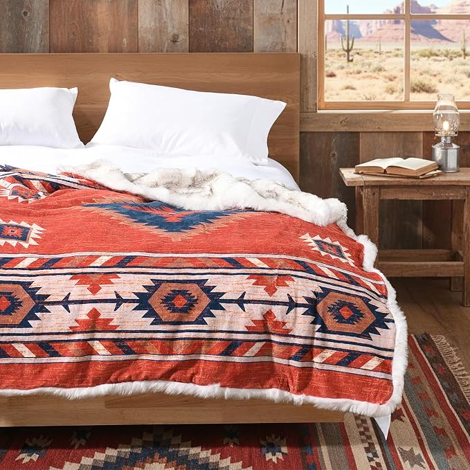 Luxury Plush Faux Fur Throw Blanket with Aztec Pattern, Super Warm, Fuzzy, Elegant, Fluffy Decoration Blanket for Couch, Armchair, Sofa and Bed, 50''x 60'', Red