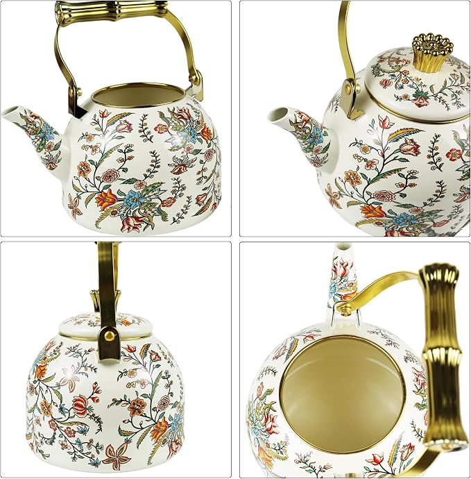 Vintage Enamel Tea Kettle Boho Floral Stovetop Teapot 2.5L Colorful Bohemian Enamel Kettle Kitchen Decor Hot Water Coffee Pot with Gold Handle