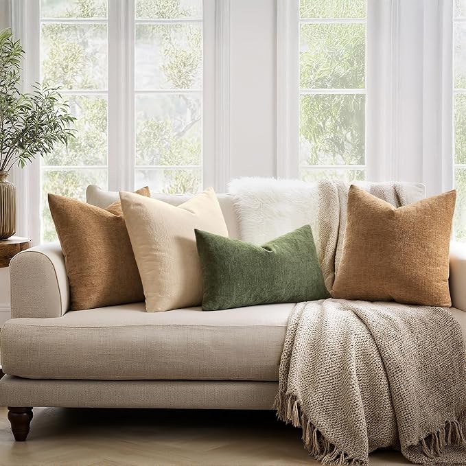 MIULEE Olive Green Chenille Couch Lumbar Throw Pillow Covers, 12x20 | Set of 2, Soft Modern Farmhouse Style, Decorative Pillowcases for Sofa Living Room Bed, Home Decor