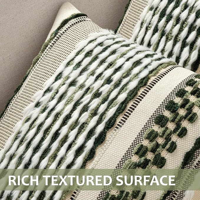 ANRODUO Boho Decorative Pillow Covers Plush Olive Green 18x18 Pack of 2 | Throw Pillow Covers, Soft Plush Tufted Farmhouse Cushion Case, Pillow Covers, Accent Neutral Pillowcase for Sofa Couch Bed