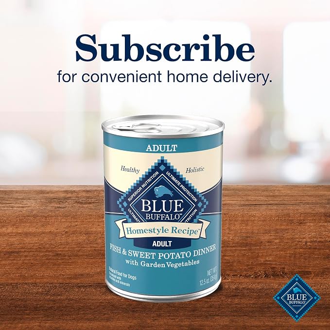 Blue Buffalo Homestyle Recipe Adult Wet Dog Food,Made with Natural Ingredients,Fish & Sweet Potato Dinner with Garden Vegetables,12.5-oz can,(Pack of 24)