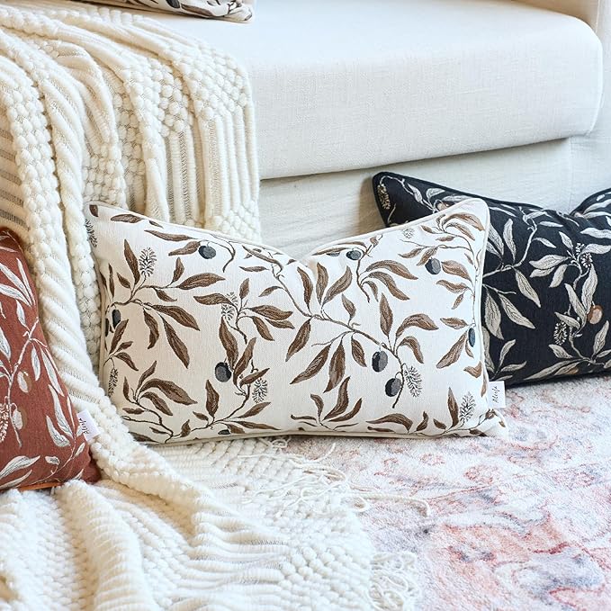 Alerfa Beige Floral Throw Pillow Cover 12 x 20 Inch Rectange Luxury Decorative Lumbar Pillow Cover for Couch Living Room Bedroom