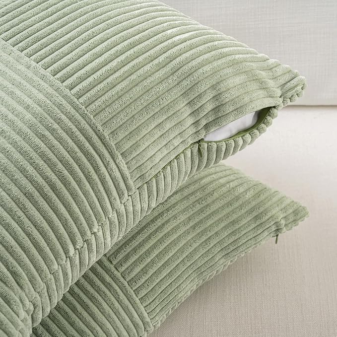 Fancy Homi Sage Green Decorative Throw Pillow Covers 22x22 Inch for Living Room Couch Bed Sofa, Farmhouse Boho Home Decor, Soft Corss Corduroy Patchwork Accent Square Cushion Case 55x55 cm